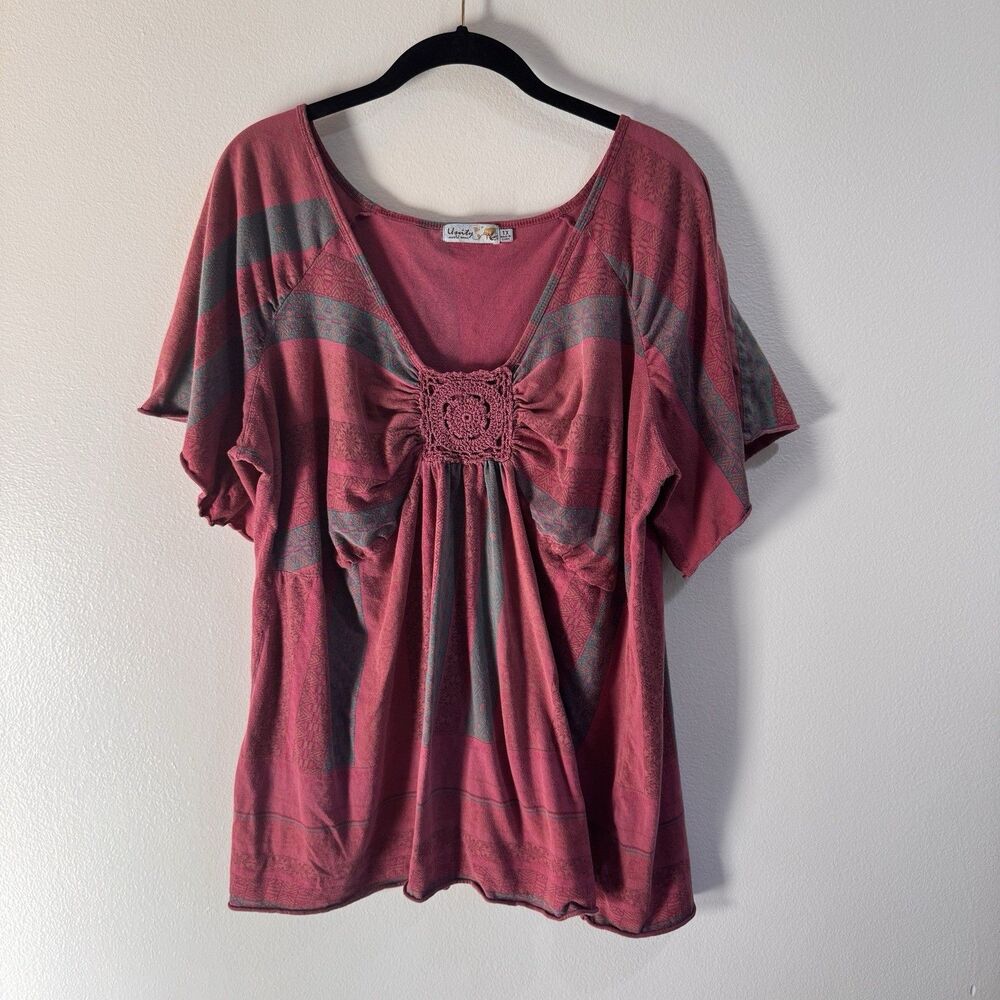 Vintage Y2K Unity World Wear Shirt Tunic 1X Red Gray Tie Dye Crochet V-neck